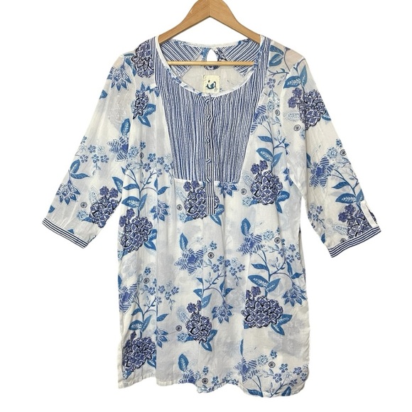 Anthropologie MERMAID Floral Sea Holly Cotton Tunic Top, Large - Picture 3 of 12